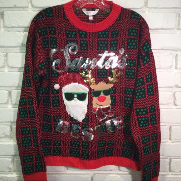 Ugly Christmas Sweater Santa Bestie themed Juniors L 11/13 - Picture 1 of 5